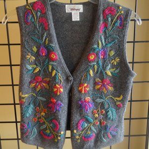 Worthington Gray/Multicolored Embroidered Floral Knit Vest